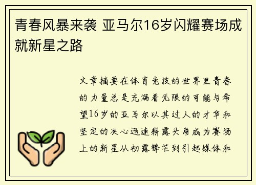 青春风暴来袭 亚马尔16岁闪耀赛场成就新星之路