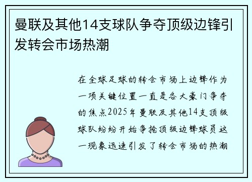 曼联及其他14支球队争夺顶级边锋引发转会市场热潮